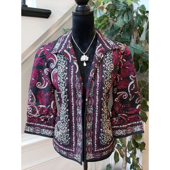 Coldwater Creek Jackets & Blazers - Coldwater Creek Women's Red & Black Cotton Long Sleeve Cropped Jacket Blazer 10